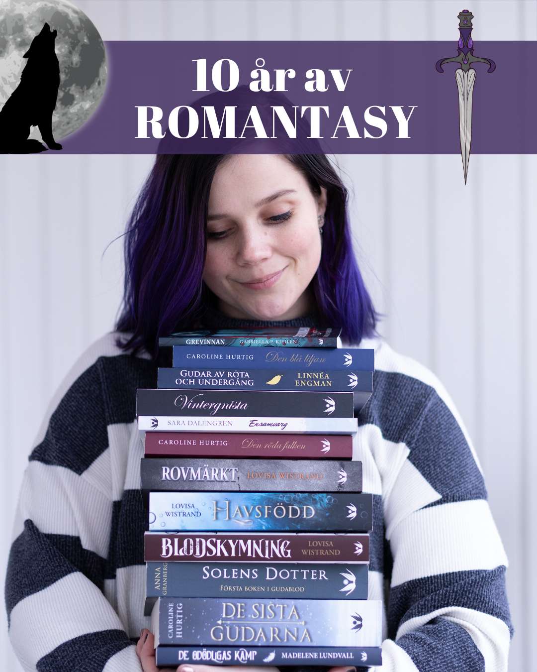 Kvinna med lila hår håller en hög med böcker, alla utgivna på Seraf förlag och i genren romantasy.