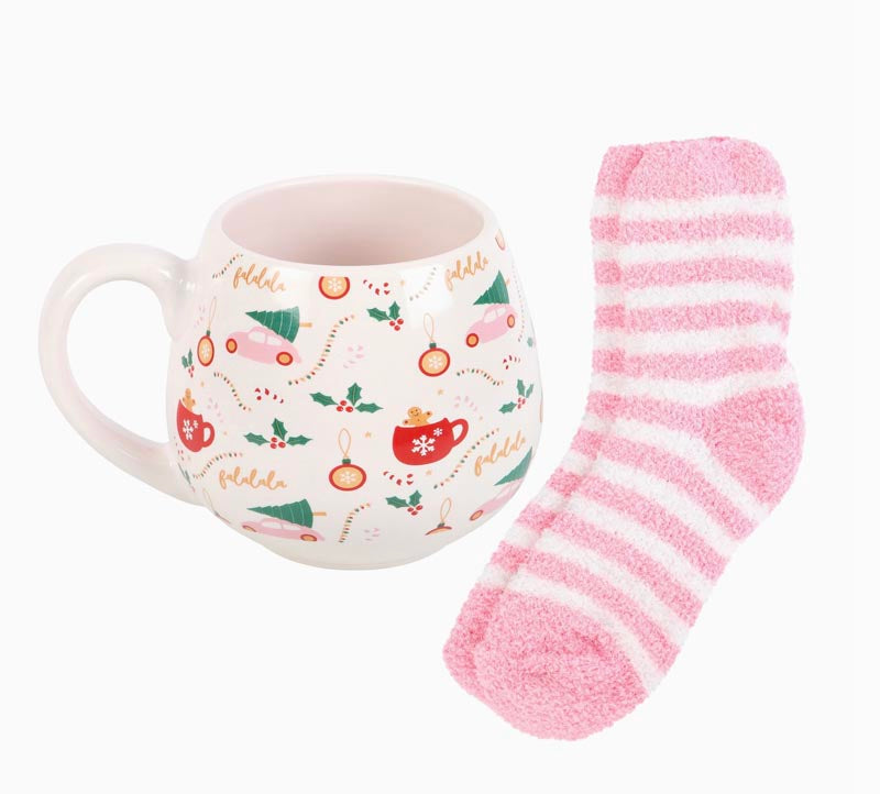 Rundad mugg med sockar - Rosa julmönster